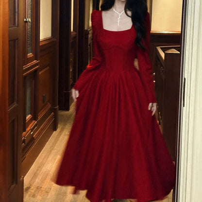 French Red Long Sleeve Swing Gown Dress