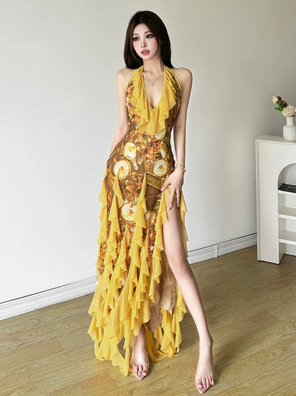E-girl Gold Print V-Neck Halter Ruffle High-Slit Midi Dress
