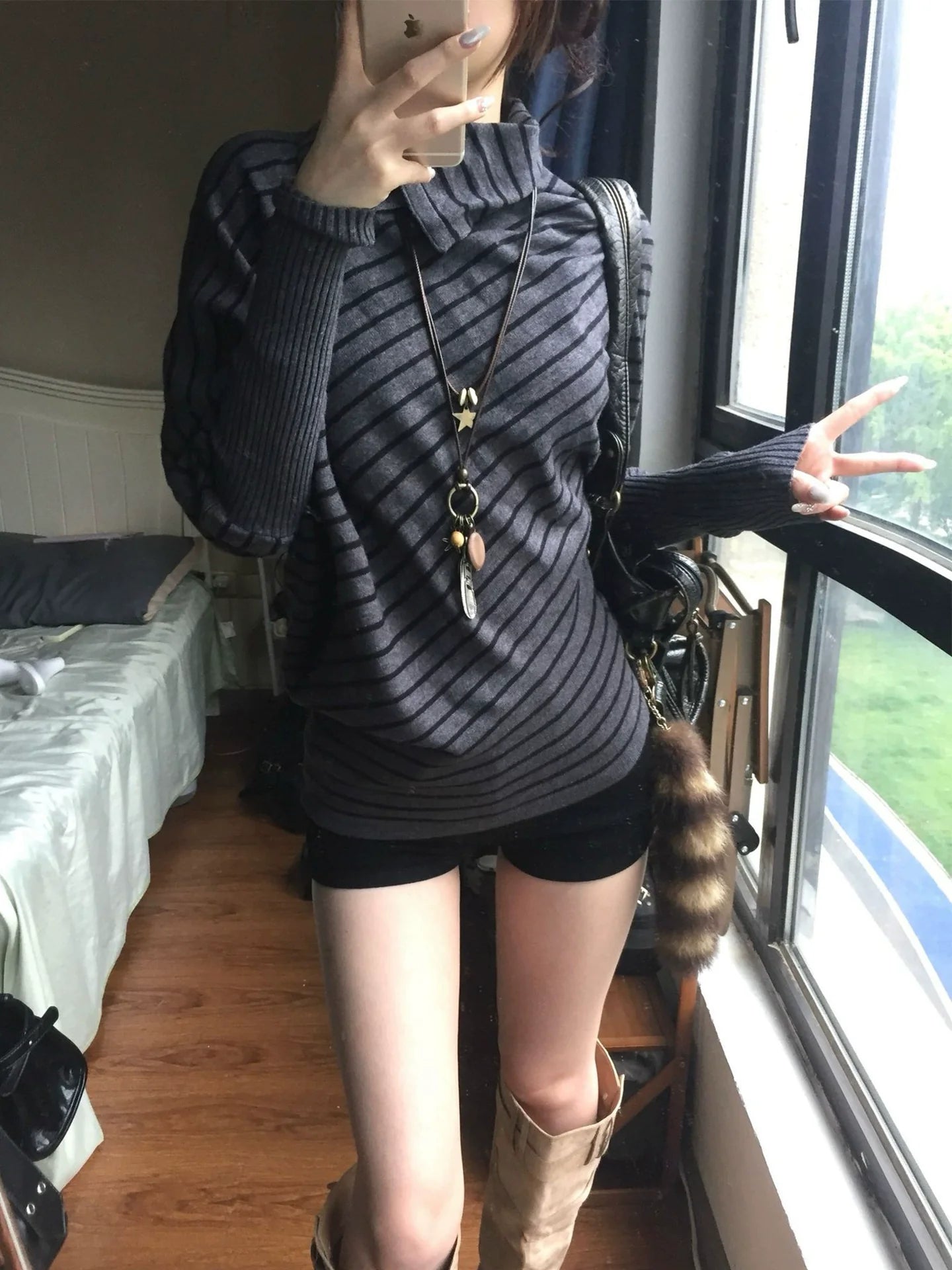 Vintage Gray Stripe Batwing Turtleneck Sweater Slim Waist Top