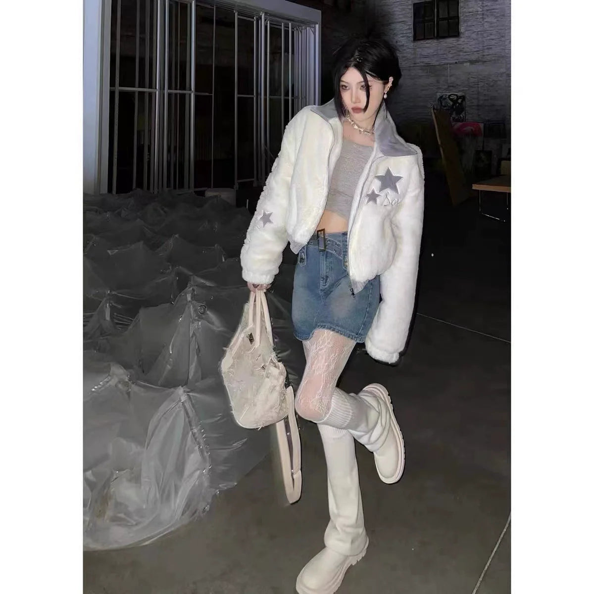 Apricot White Subculture Y2K E-girl Faux Rabbit Fur Stand-Collar Short Jacket (Winter)