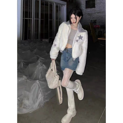 Apricot White Subculture Y2K E-girl Faux Rabbit Fur Stand-Collar Short Jacket (Winter)