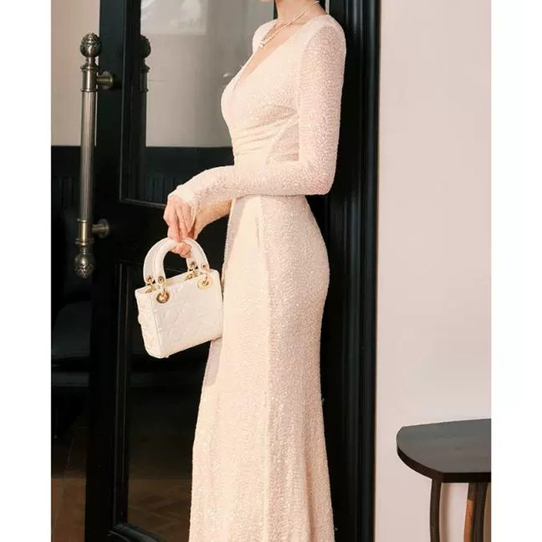French Sequin Knit Long Sleeve Birthday Gown Dress