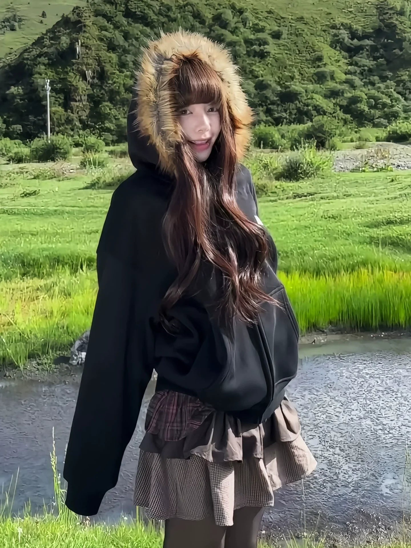 American Vintage Fur Hoodie Jacket Autumn-Winter Warm Zip-Up Sweatshirt Loose Fit