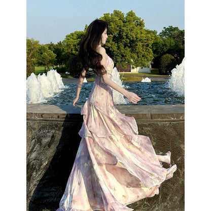 Purple Floral Ruffle Halter Gown Dress