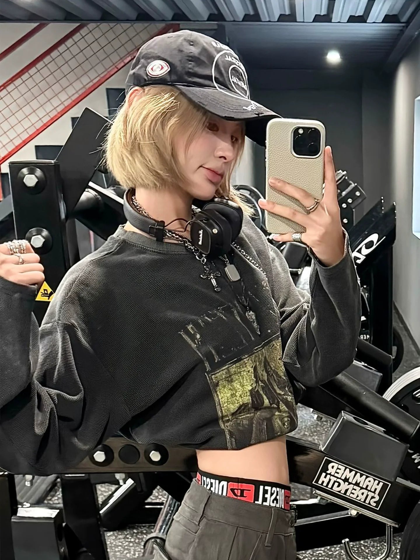 American Vintage Waffle Long Sleeve Tee Heavy Washed Retro Top