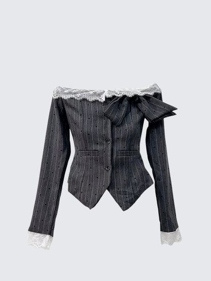 French Off-Shoulder Lace Bow Shirt