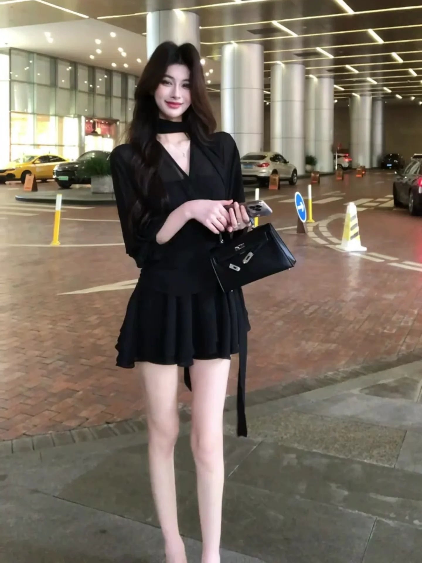 French Black Ribbon Chiffon Long-Sleeve Waist-Cinched A-Line Summer Mini Dress