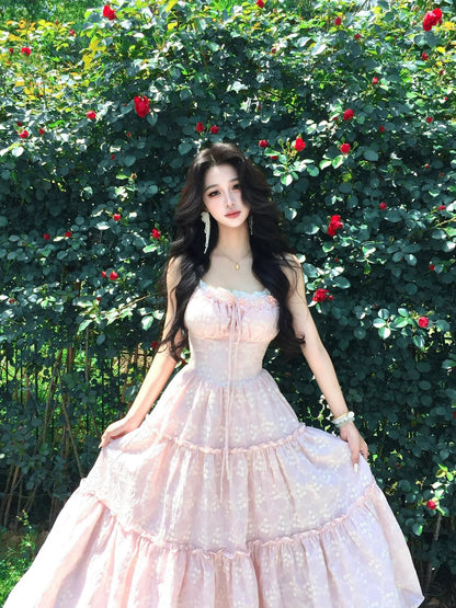 French Pink Halter Soft Sweet Waist-Cinched Princess Tiered Beach Vacation Maxi Dress