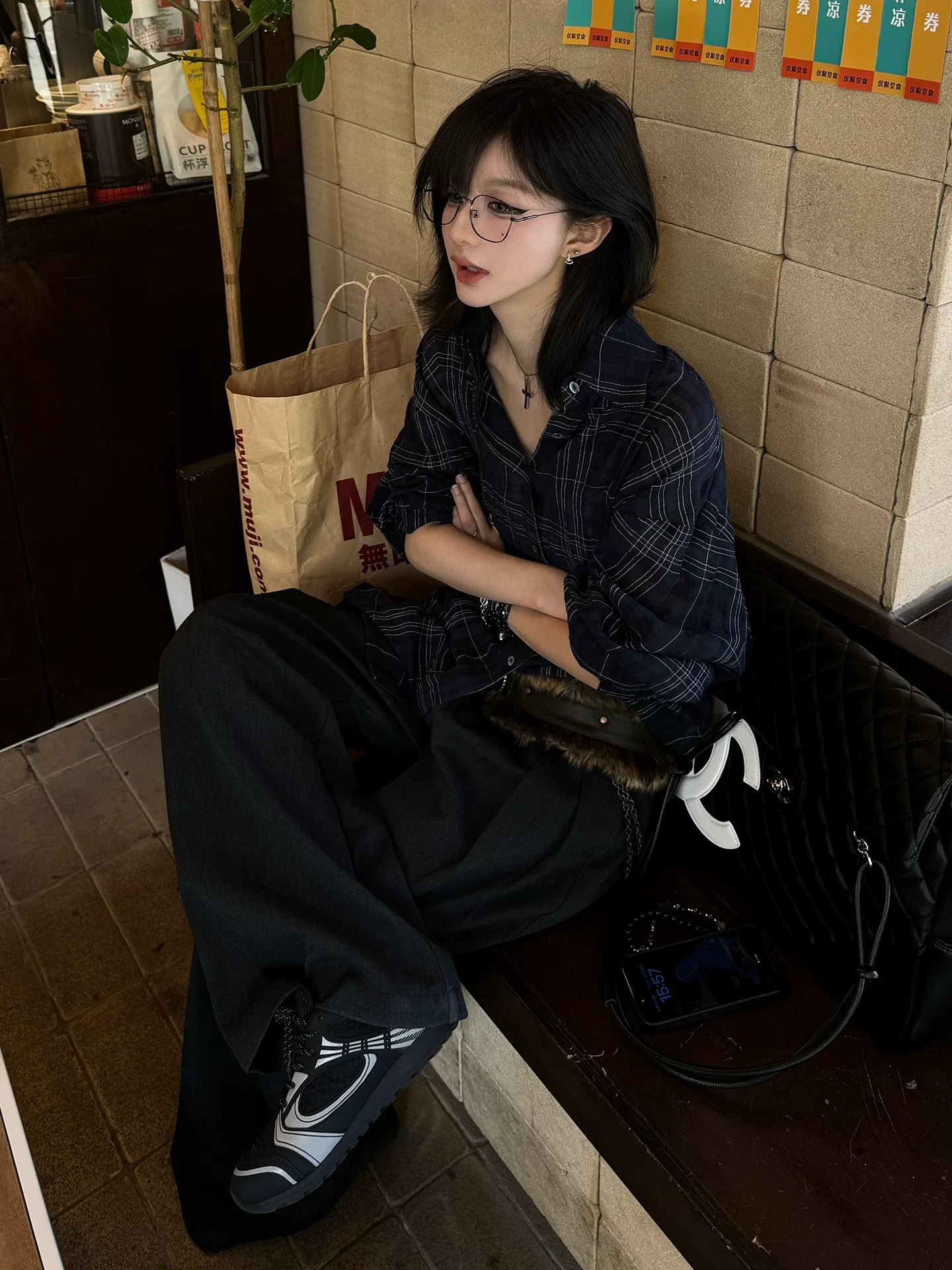 Asymmetric Plaid Long Sleeve Shirt Sheer Vacation Loose Fit Top