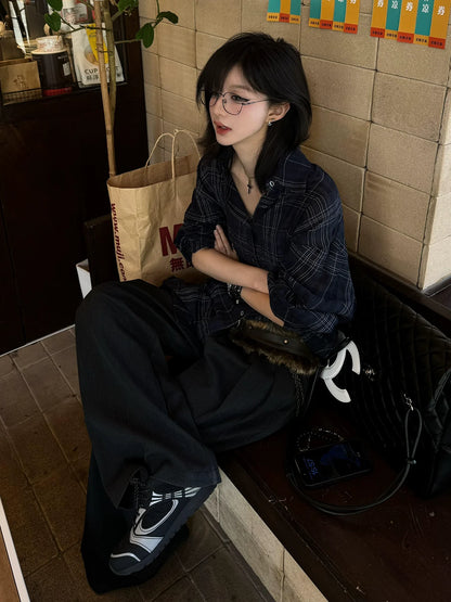 Asymmetric Plaid Long Sleeve Shirt Sheer Vacation Loose Fit Top