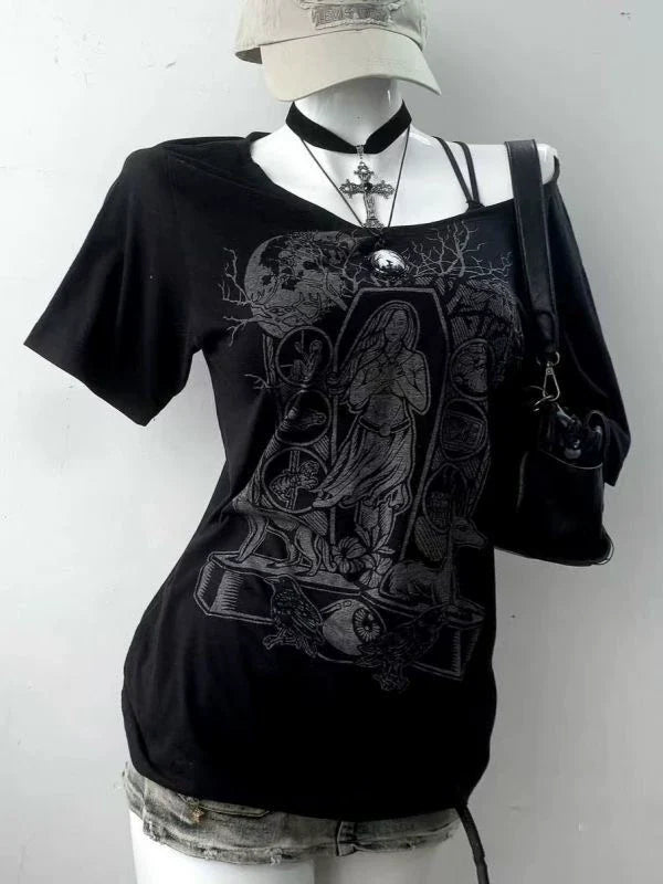 Black Punk Y2K E-girl American Retro Off-Shoulder Paneled Short Sleeve Top