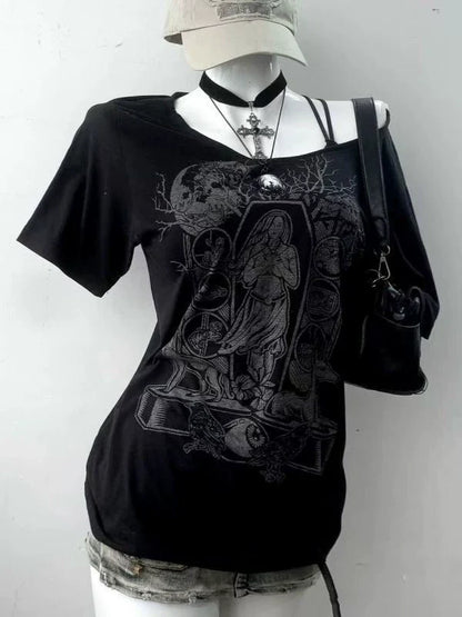 Black Punk Y2K E-girl American Retro Off-Shoulder Paneled Short Sleeve Top