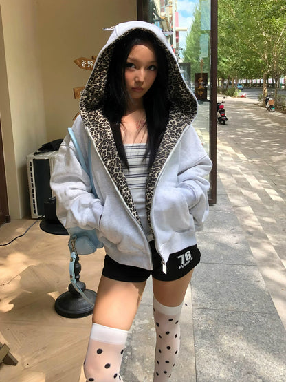 Retro Leopard Ear Hoodie Zip Up Top