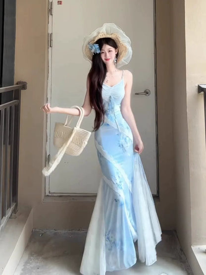 French Blue Floral Lace Spaghetti-Strap Beach Vacation Mermaid Midi Dress