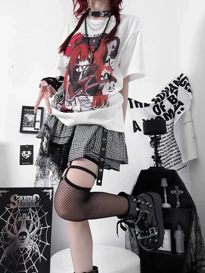 Rock Devil White Tee and Black White Spider Lace Skirt Y2K Two Pieces Sets