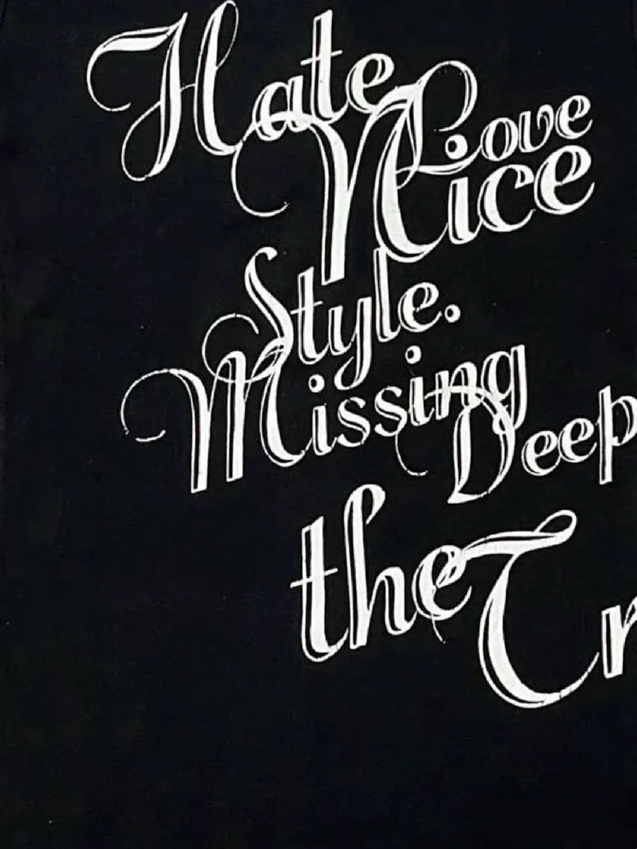 Black Subculture Punk Y2K E-girl Shibuya Girl Abi Vintage Print Slim Light Subculture Short Sleeve Top