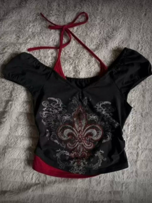 Black Red Fake Two-Piece Halter Rhinestone Y2K T-Shirt