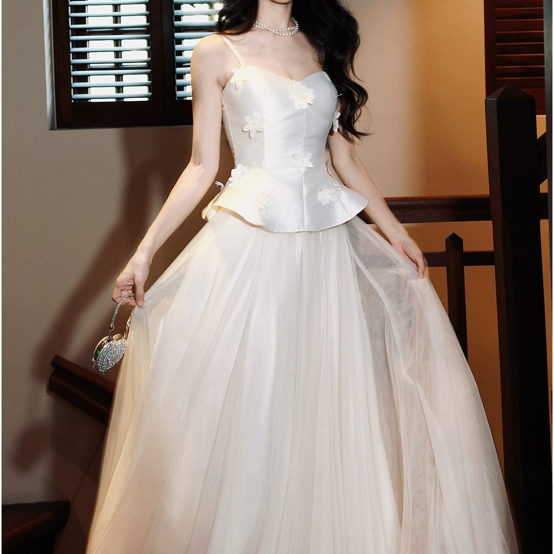 French Satin Halter Fake Two-Piece Gown Dress