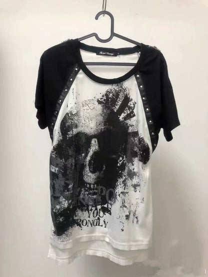 Zipper Skull Subculture Gothic Rock Punk Y2K E-girl Zipper Skull Print Oversized Short Sleeve Top