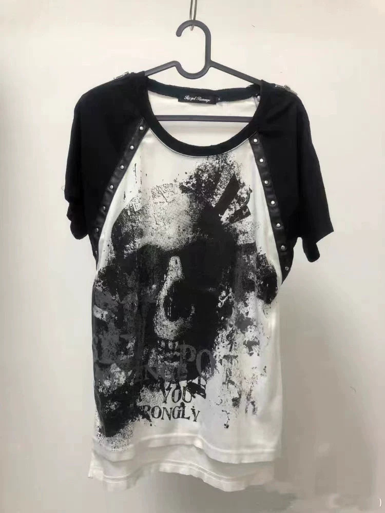 Zipper Skull Subculture Gothic Rock Punk Y2K E-girl Zipper Skull Print Oversized Short Sleeve Top