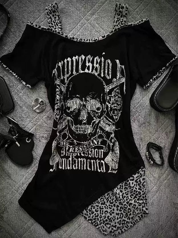 Black Punk Y2K E-girl Vintage Off-Shoulder Print Slim-Fit Short Sleeve Top
