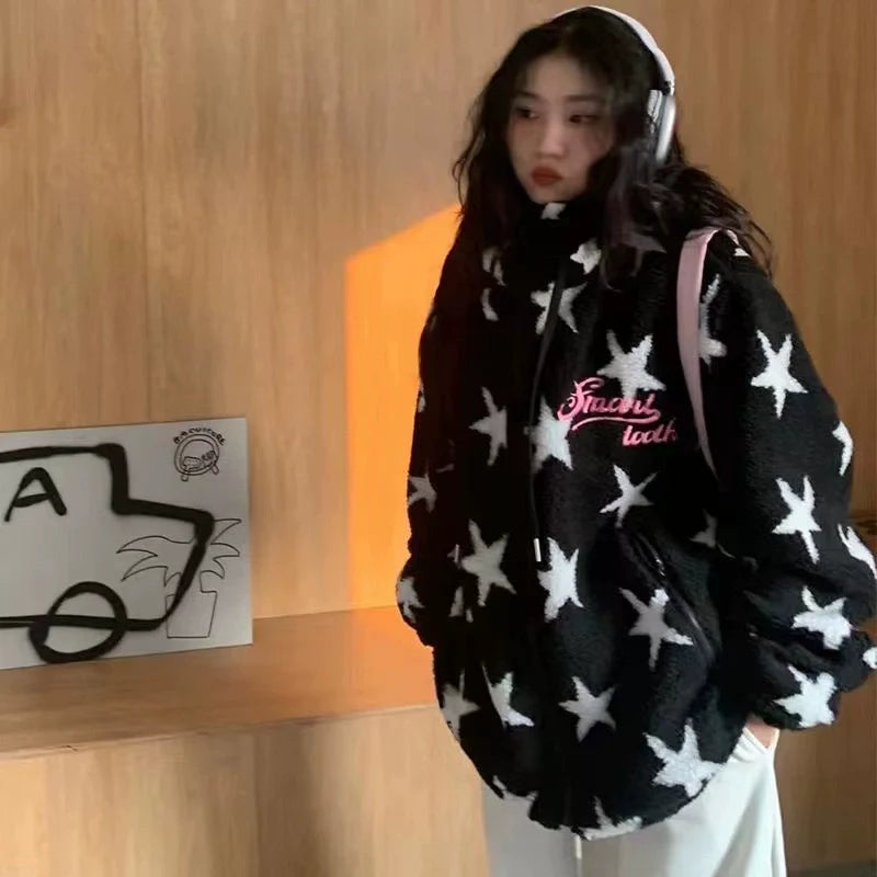 White Y2K Punk Star Lamb Fleece Hoodie