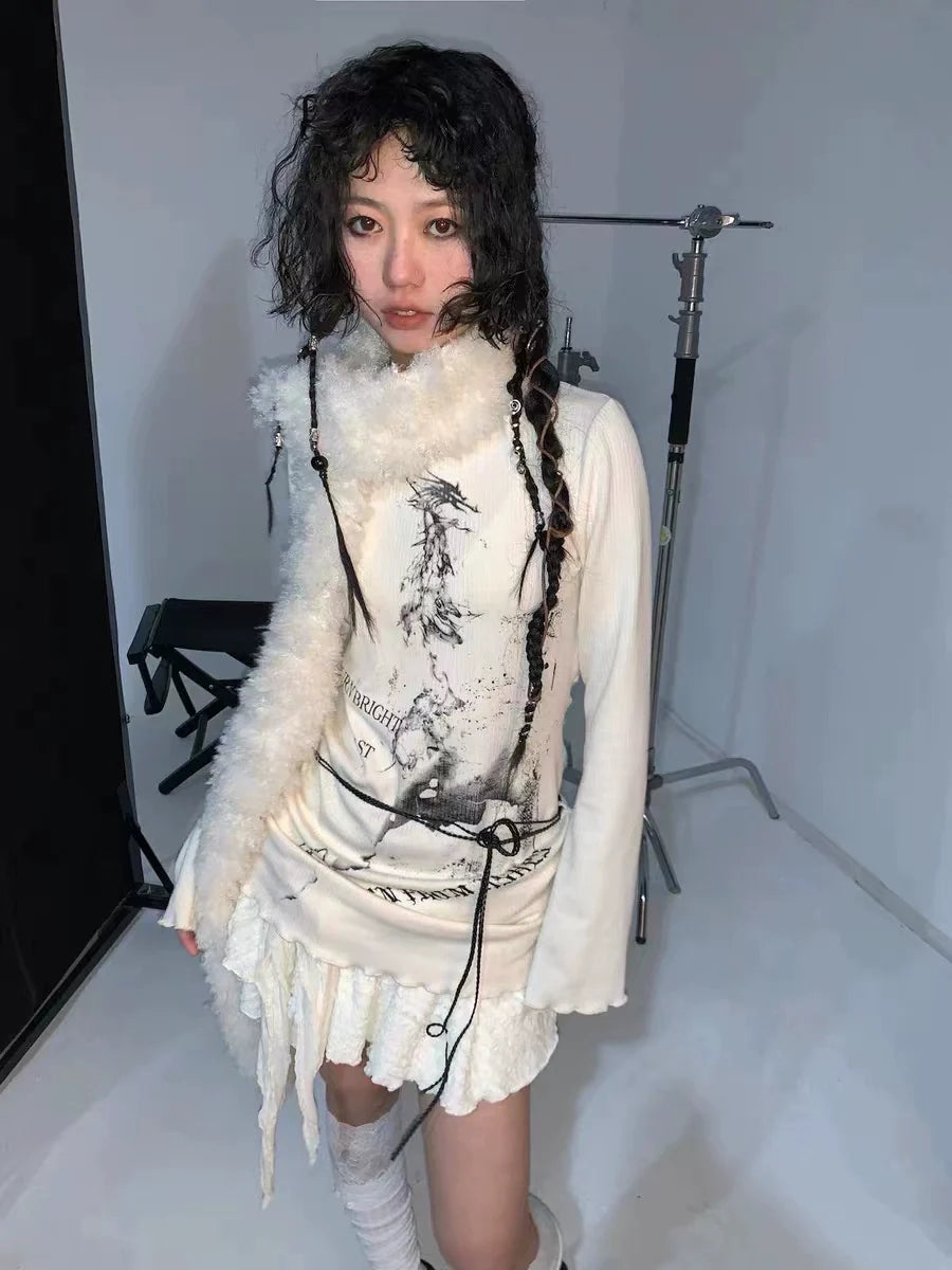 Herbal Green Punk Y2K E-girl Mid-Length Print Slim-Fit Covering-Hip Knit Short Sleeve Top