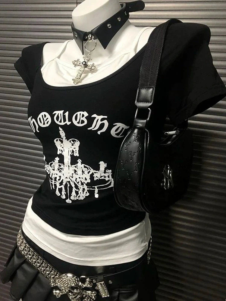 Black American Vintage Crown Print Fake Two-Piece Y2K T-Shirt