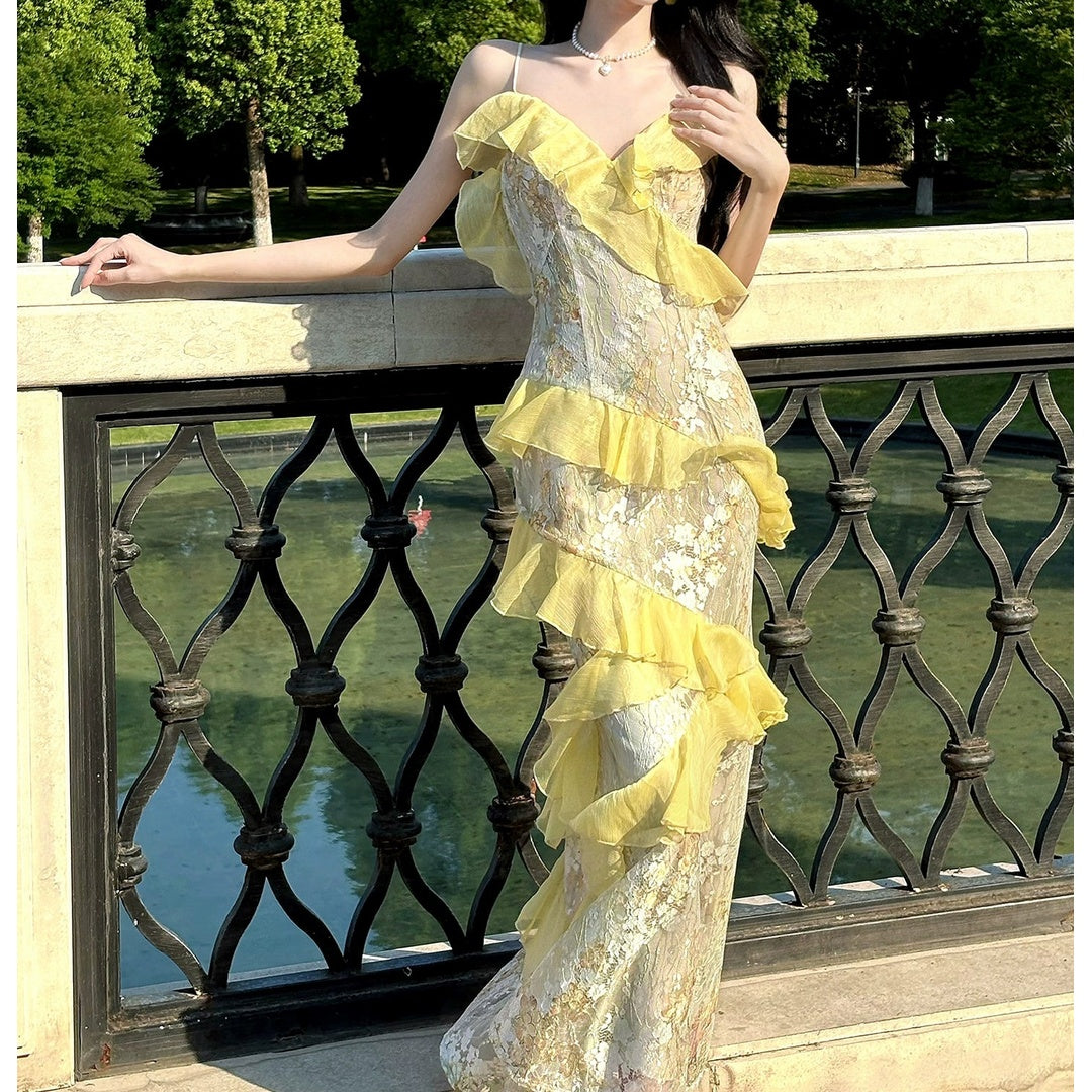 Floral Asymmetrical Ruffle Lace Halter Gown Dress