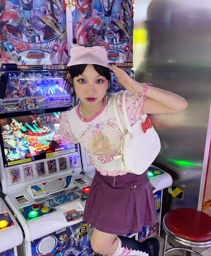 Barbie Pink Retro Sweet Bubble Sleeve Cropped Y2K T-Shirt