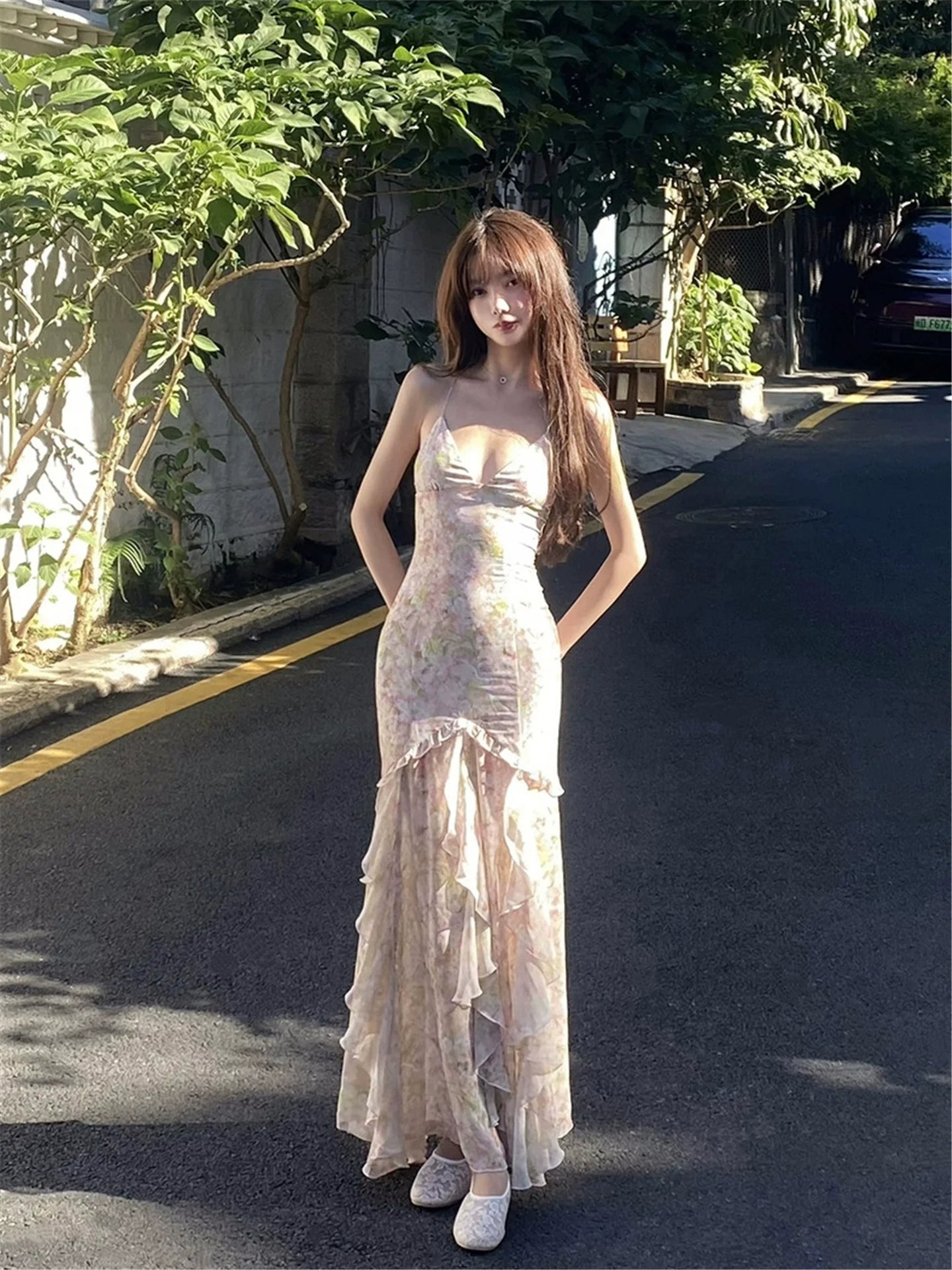 Beach Vacation Intricate Print Backless Mermaid Slip Dress