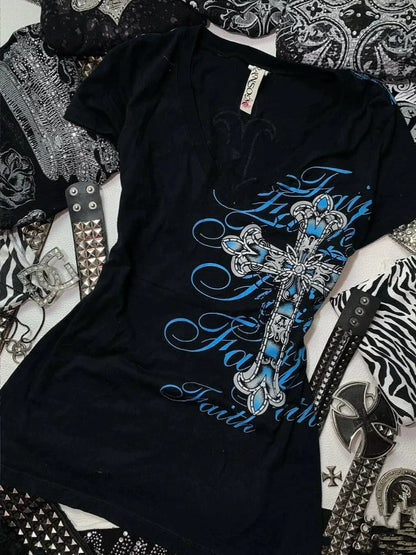 Blue Cross Print Subculture Rock Punk Y2K Abi American Retro V-neck Short Sleeve Top