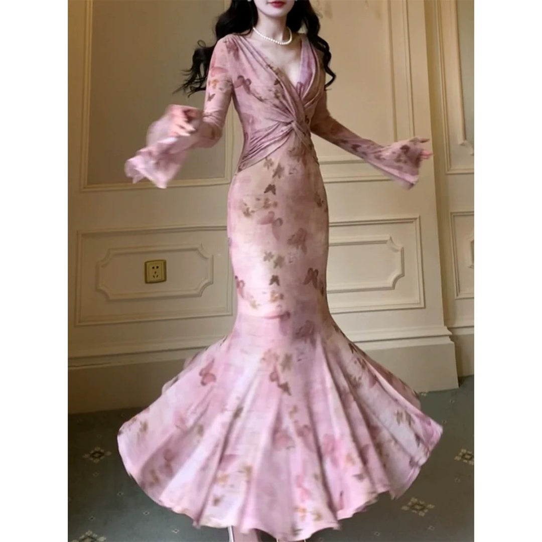 French Pink Luxury Printed Birthday Mermaid Gown Dress