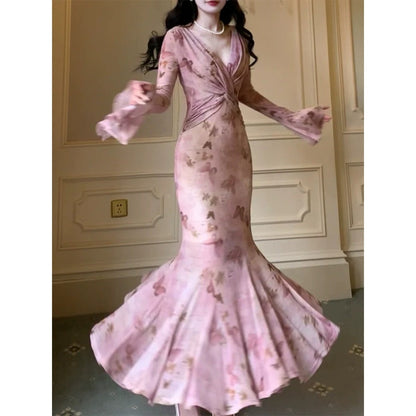 French Pink Luxury Printed Birthday Mermaid Gown Dress