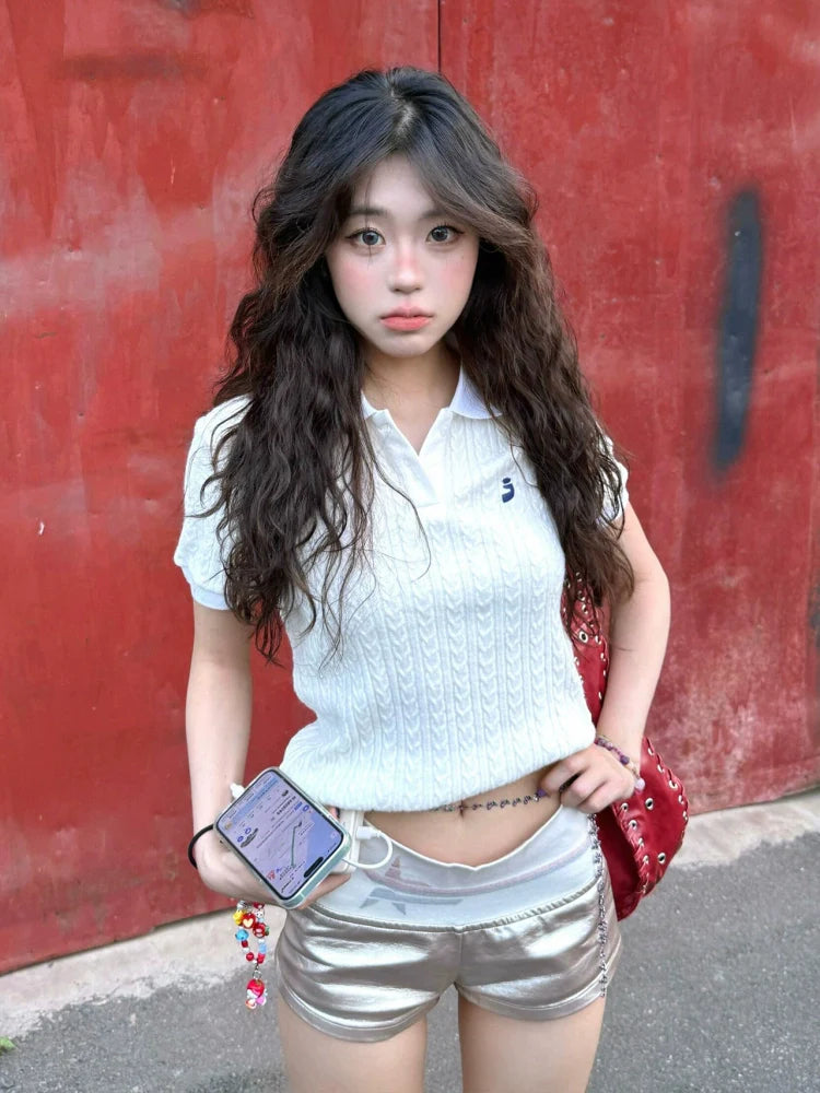 Preppy Embroidered Short Sleeve Polo Top Slim Fit Knit Shirt