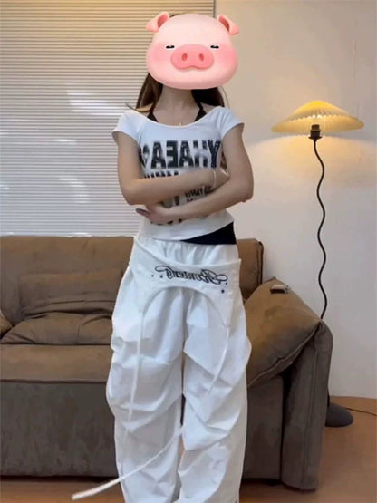 White American Vintage Fake Two-Piece Off-Shoulder Halter Y2K T-Shirt