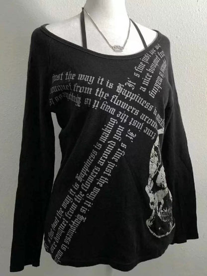 Black Subculture Gothic Rock Punk Y2K E-girl Skull Print Oversized Long Sleeve Top