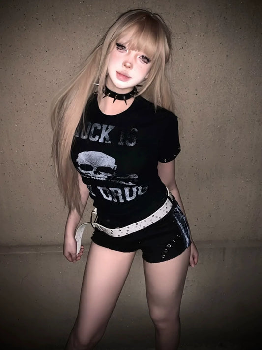 Y2K Black Skull Cropped Tee