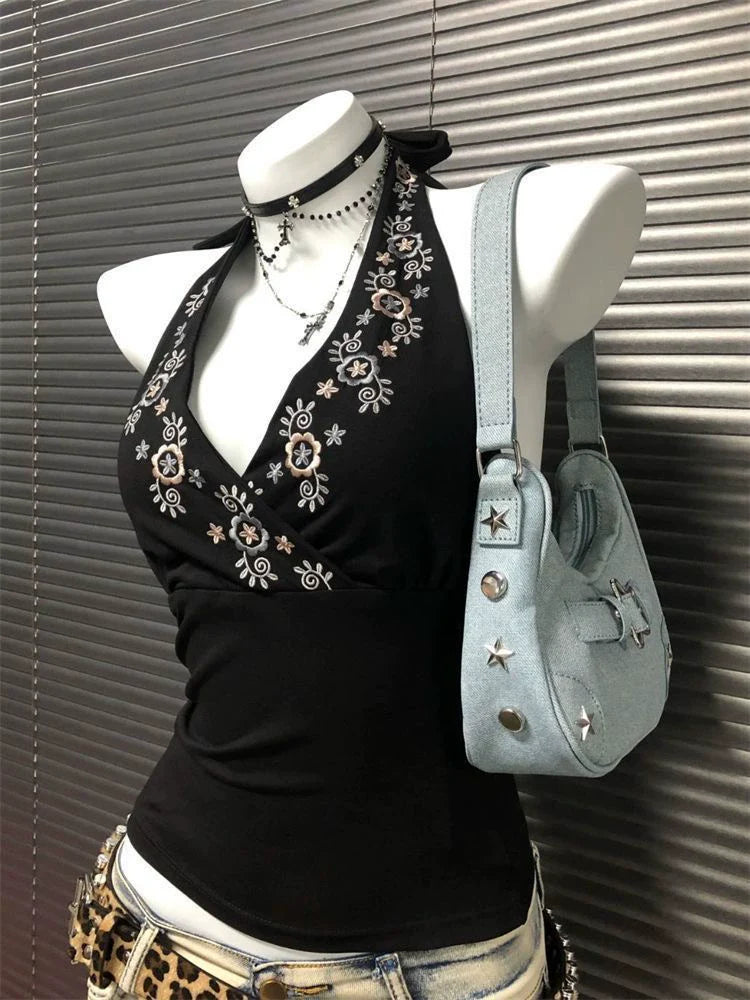 Black American V-Neck Embroidered Halter Backless Y2K Tank Top