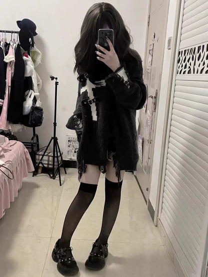 Y2K Punk Cross Distressed Mid-Length Sweater