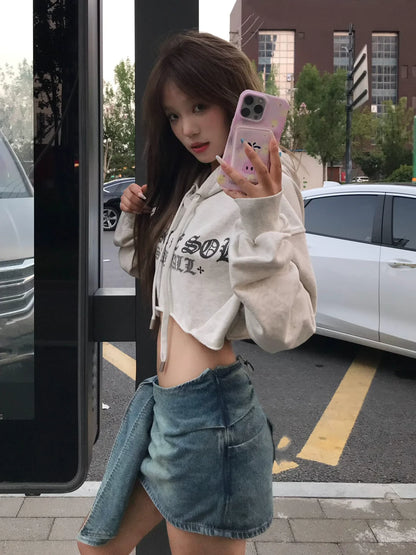 Retro Cropped Hoodie Goth Letter Print Y2K Top