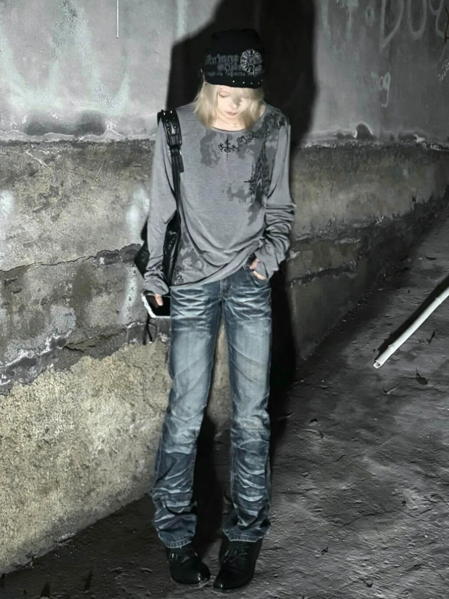 Y2K Grey Wide-Neck Long Sleeve Tee Visual Kei Punk Base Top