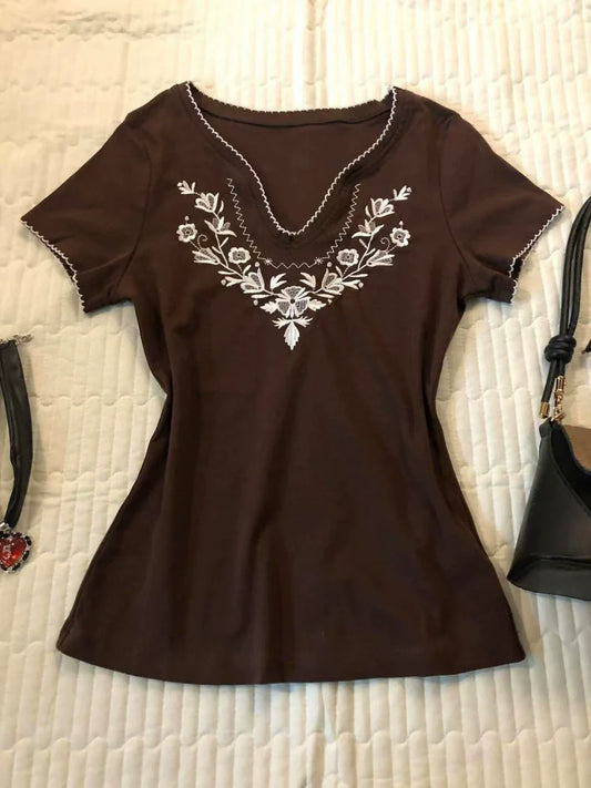 Brown Subculture Y2K E-girl Abi American Retro Vintage Early Embroidery Short Sleeve Top