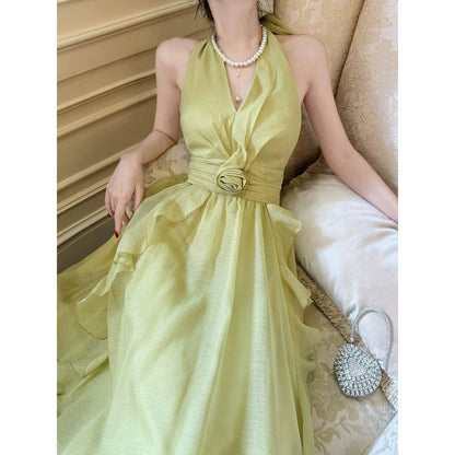 French Holiday Ruffle Halter Tulle Gown Dress