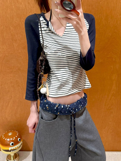 Vintage Stripe Viscose Mid Sleeve Top for Early Autumn