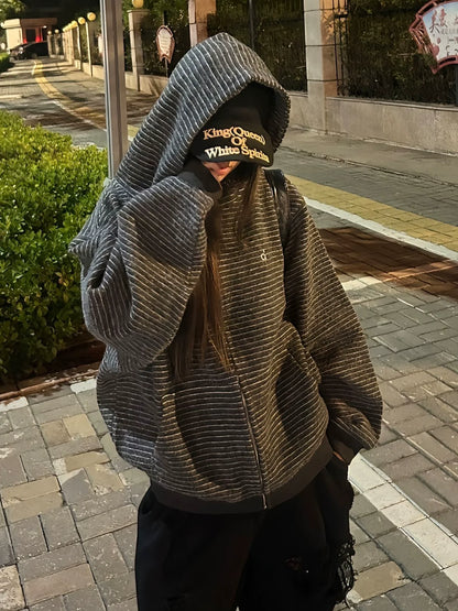 American Vintage Fleece Hoodie Jacket Thick Warm Retro Street Outerwear