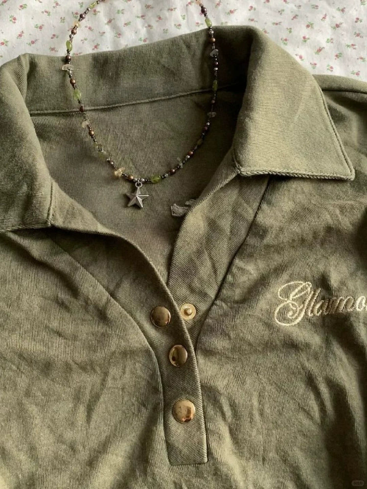 Army Green Subculture Y2K Abi E-girl American Retro Polo-Collar Short Sleeve Top