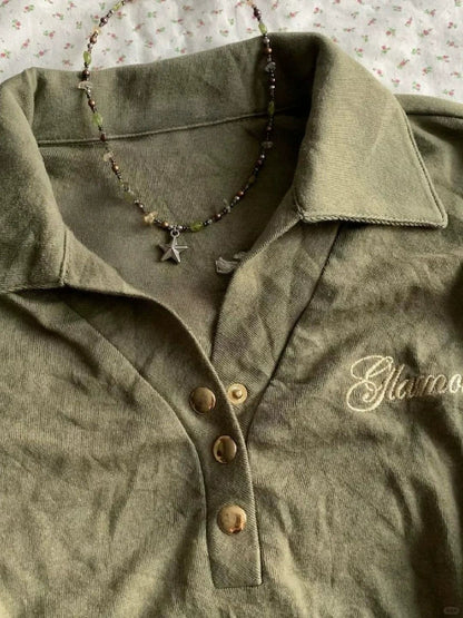 Army Green Subculture Y2K Abi E-girl American Retro Polo-Collar Short Sleeve Top