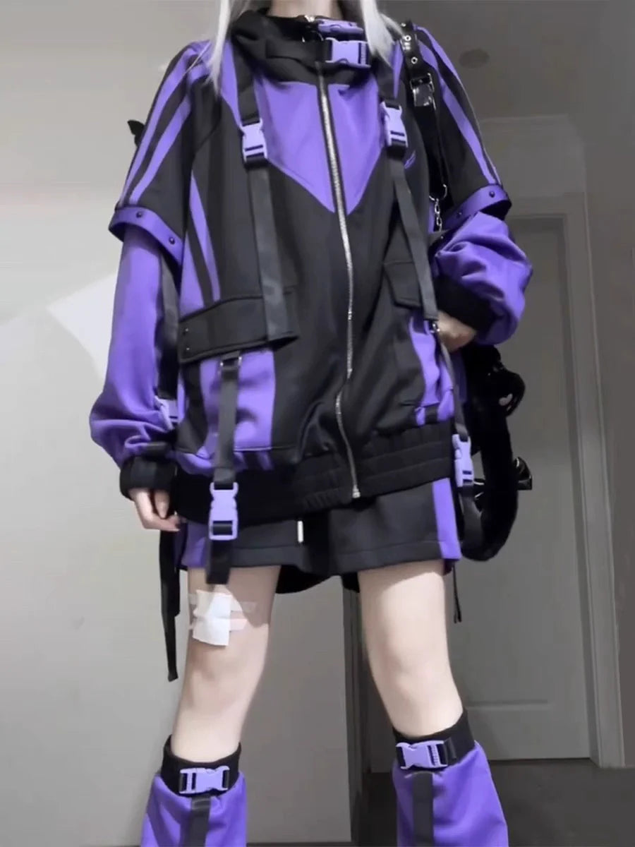 Black & Purple Hooded Subculture Y2K Japanese Anime Mass-Produced Style Sporty Jacket (Autumn)