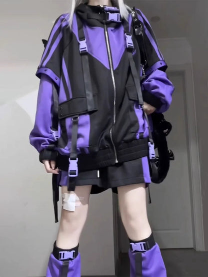 Black & Purple Hooded Subculture Y2K Japanese Anime Mass-Produced Style Sporty Jacket (Autumn)
